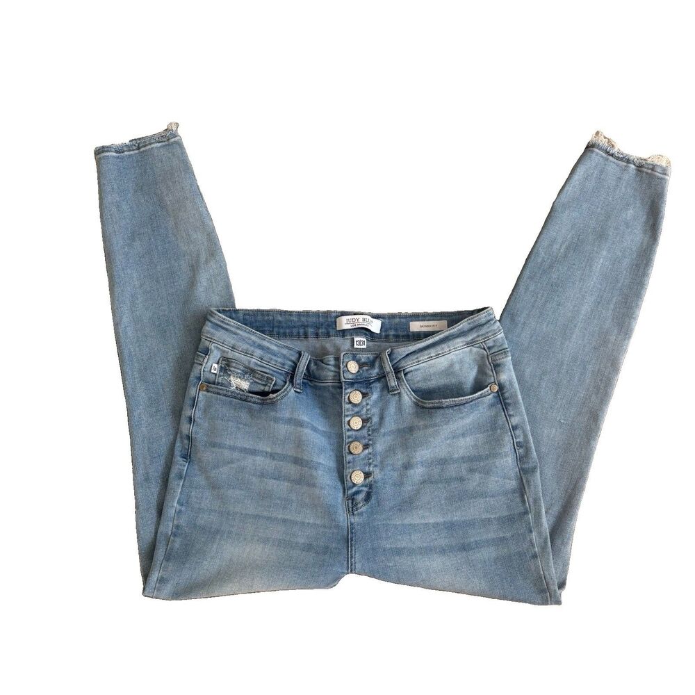 Judy Blue High Waist Button Fly Raw Hem Jeans Womens Size 13 31 Light Wash
